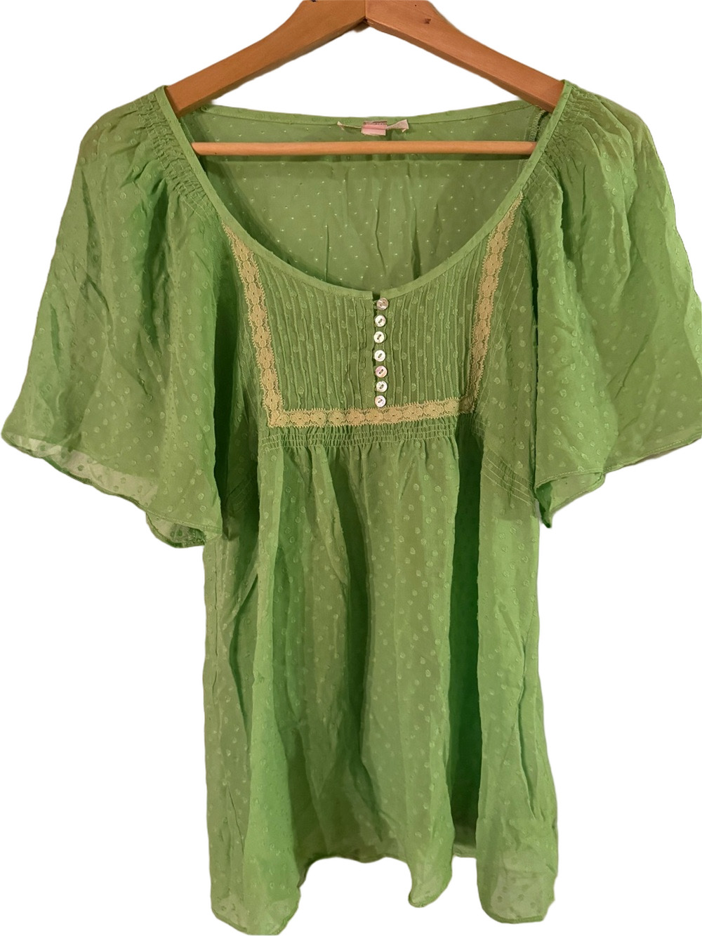 Rebecca Taylor Light Green Sheer Blouse %100 silk soie- small red stain / mark